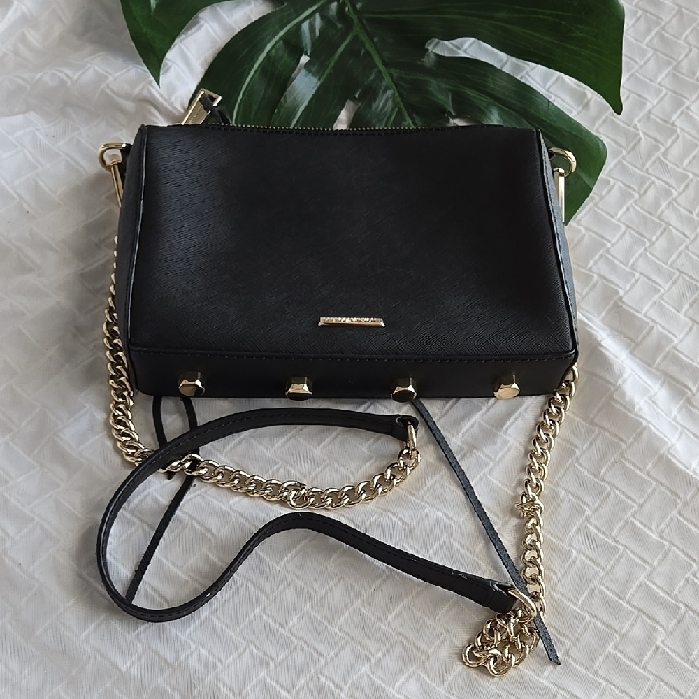 Rebecca Minkoff Black Leather Crossbody Bag with Gold Chain Casual Summer